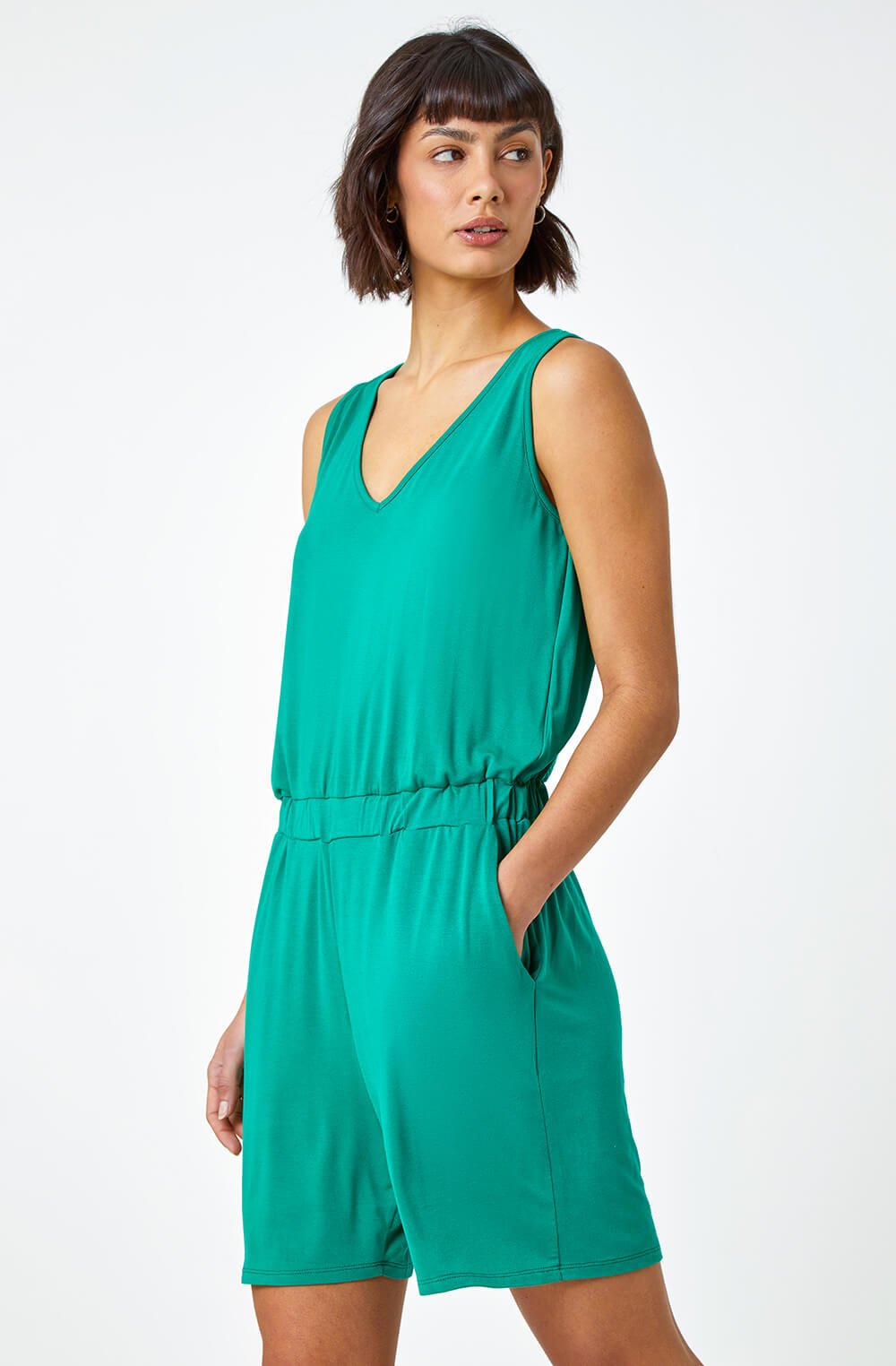 Green Plain Sleeveless Stretch Playsuit, Image 2 of 5