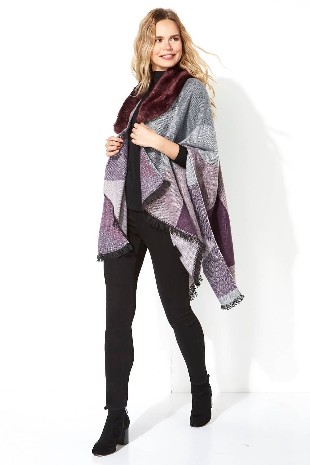 Purple One Size Faux Fur Check Shawl, Image 2 of 4