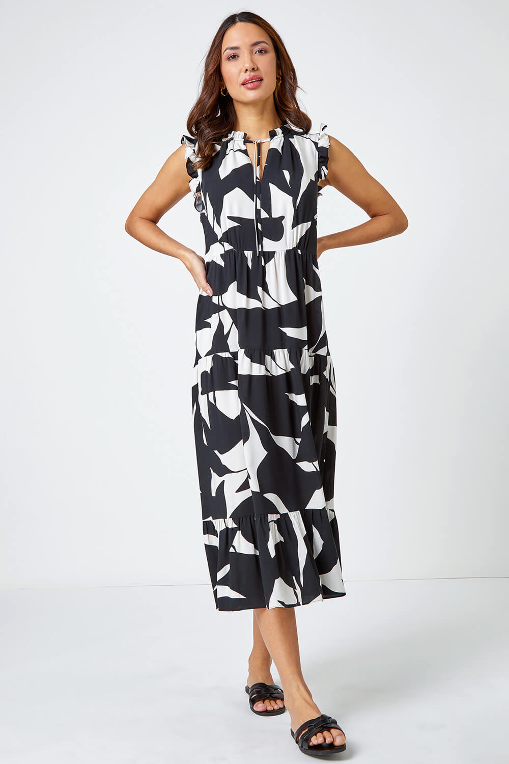Black Abstract Print Frill Detail Midi Dress, Image 5 of 6