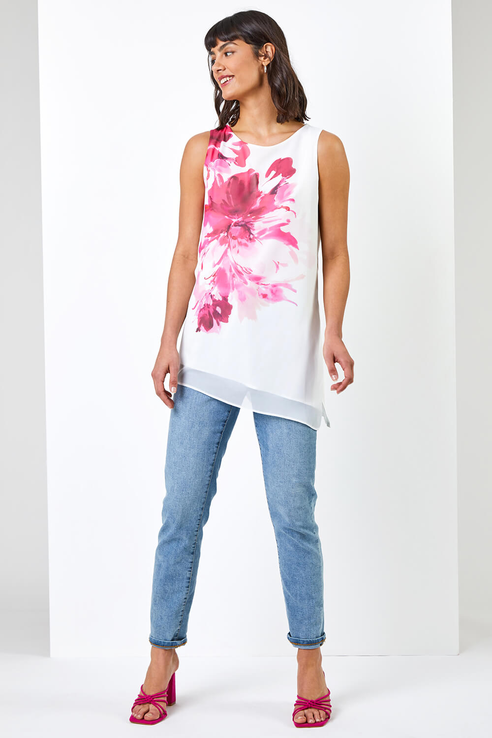 Ivory  Bold Floral Overlay Vest Top, Image 3 of 5