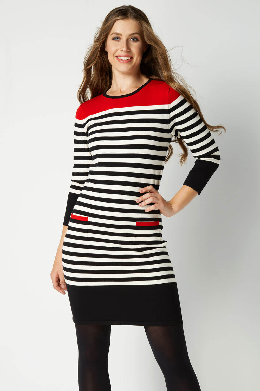 Red Stripe Pocket Knitted Shift Dress, Image 2 of 5