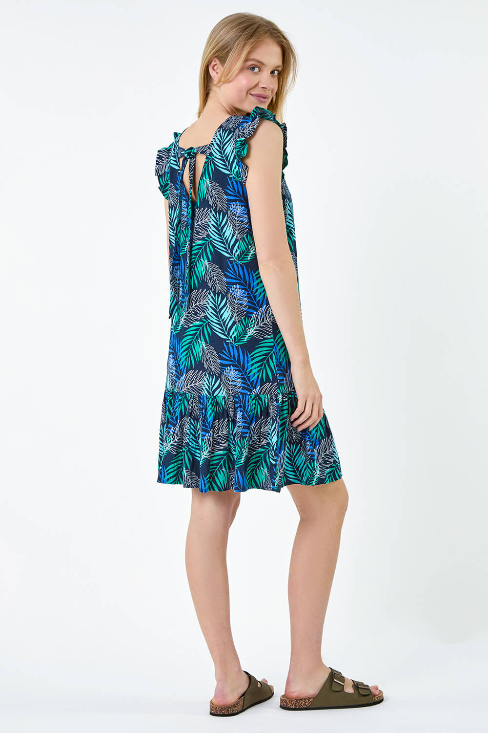 Blue Leaf Print Linen Blend Frill Detail Dress, Image 3 of 5