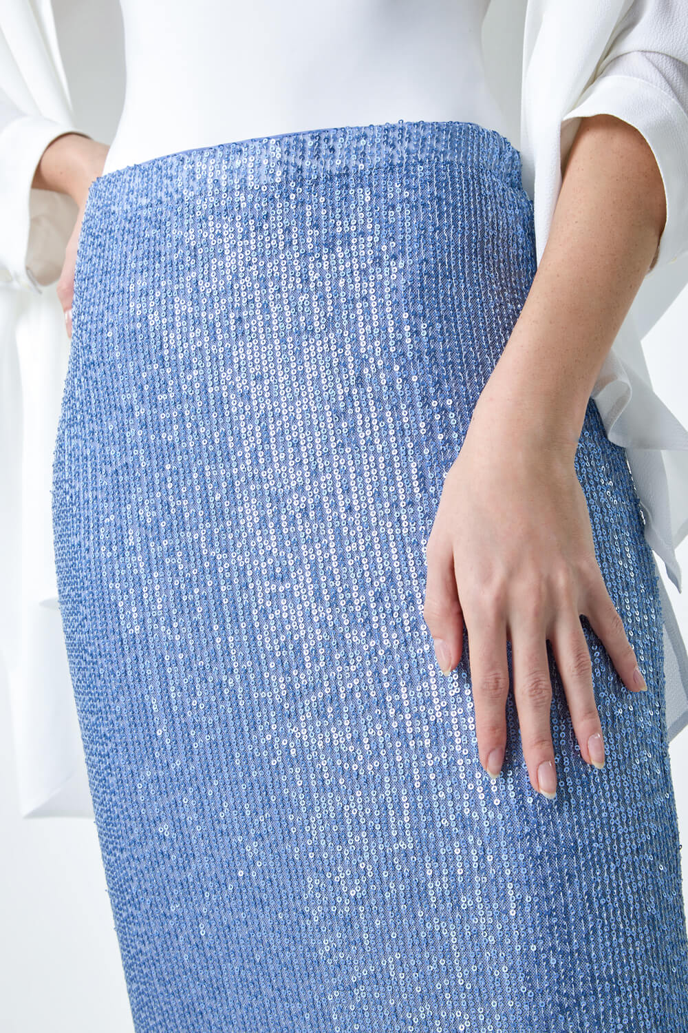 Steel Blue Sequin Sparkle Stretch Midi Skirt, Image 5 of 5