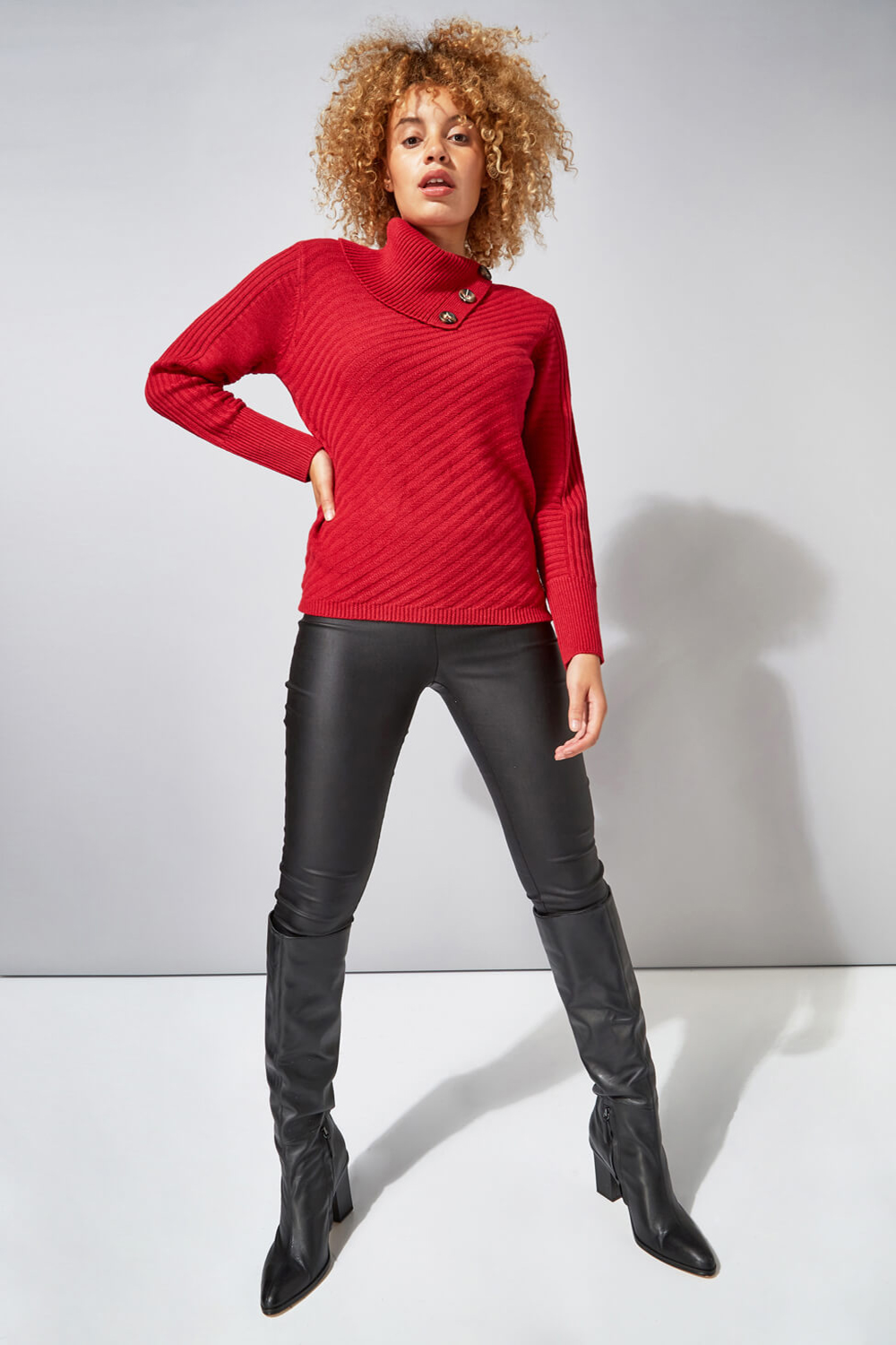 Red Textured Knit Button Detail Jumper, Image 2 of 4