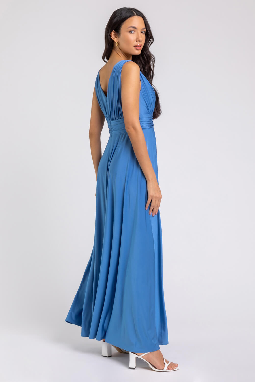 Blue Ruched Sleeveless Stretch Maxi Dress, Image 2 of 5