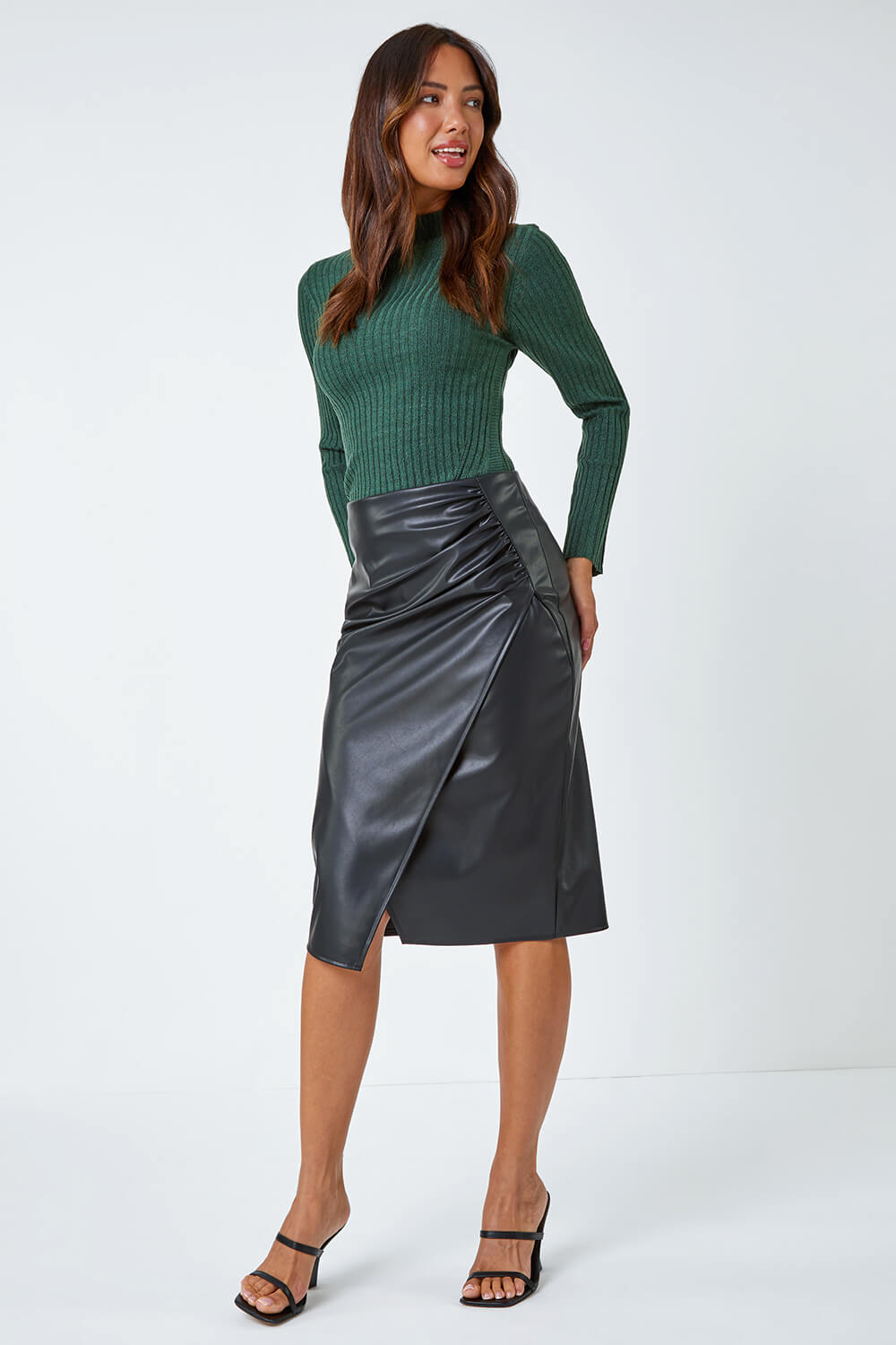 Black Faux Leather Ruched Wrap Skirt, Image 2 of 5