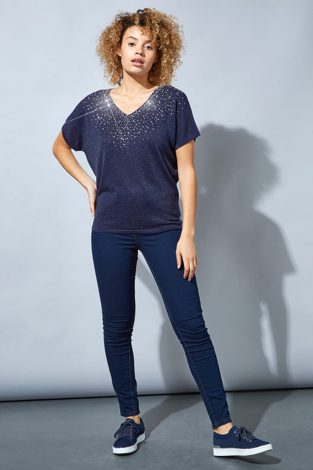 Midnight-Blue Scatter Hotfix Knitted T-Shirt, Image 2 of 4