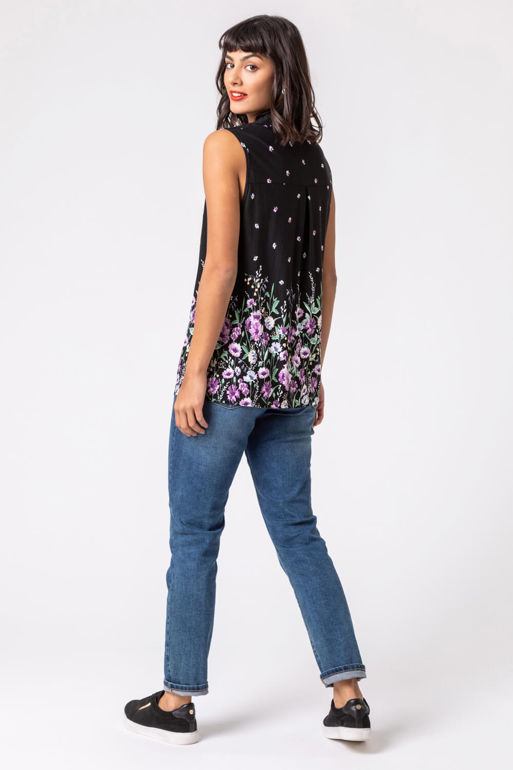 Black Floral Border Print Sleeveless Shirt, Image 2 of 4