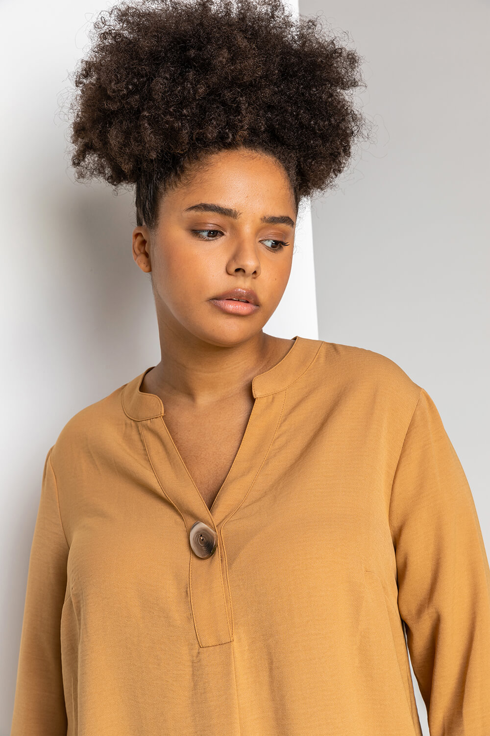 Camel  Curve Button Detail Tunic Top, Image 4 of 4