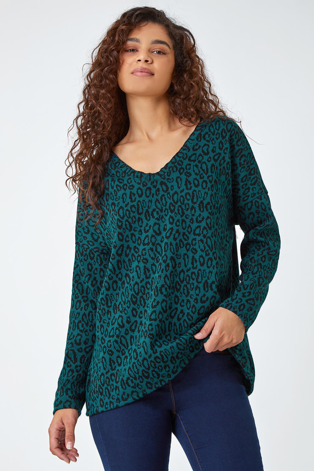 Teal Animal Print Tunic Stretch Top, Image 2 of 5