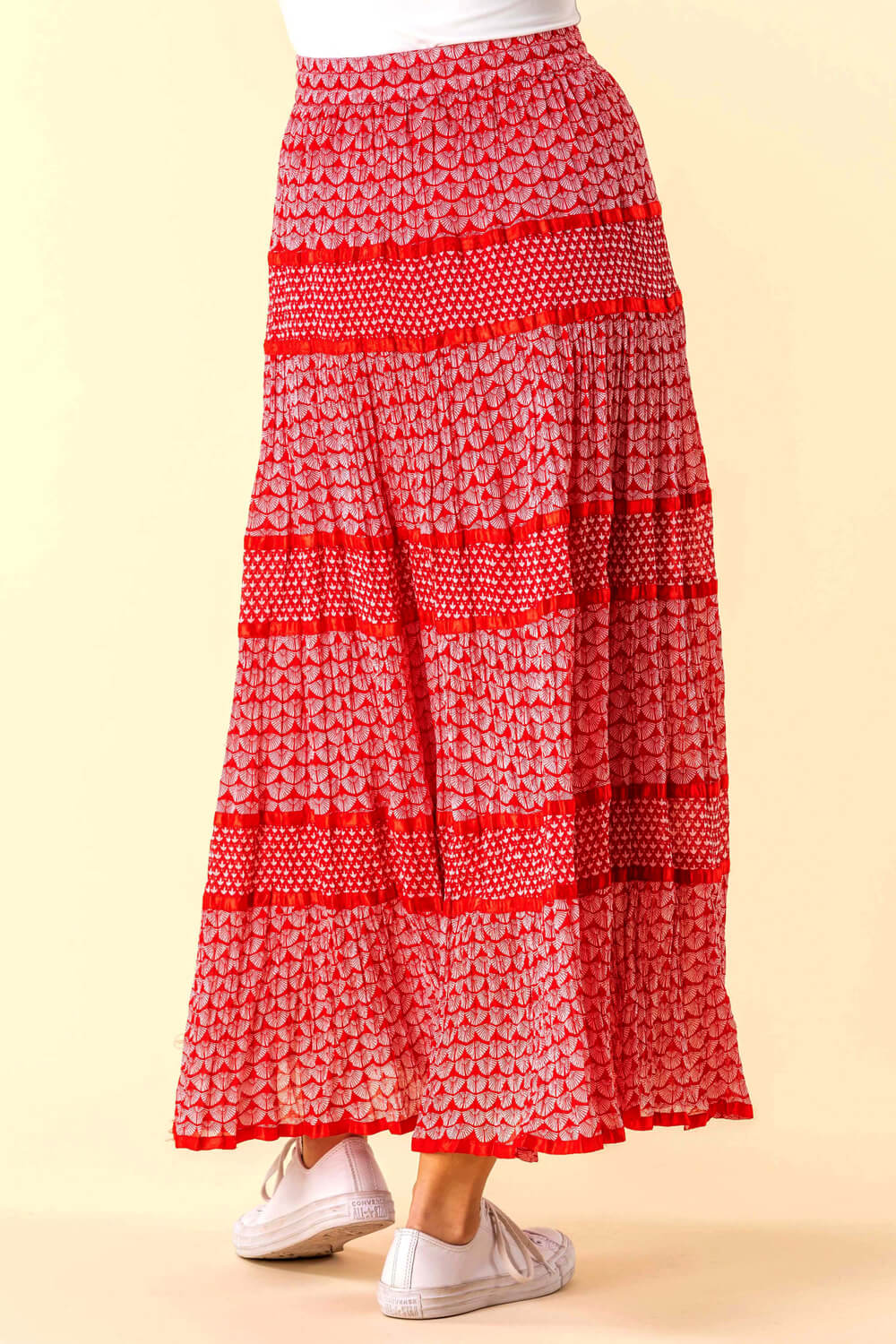 Red Tiered Boho Print Maxi Skirt, Image 2 of 4