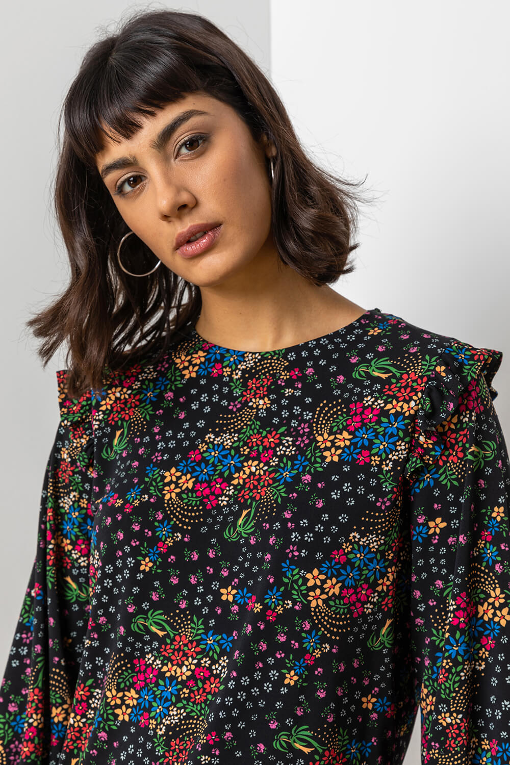 Black Floral Print Frill Detail Top, Image 4 of 4
