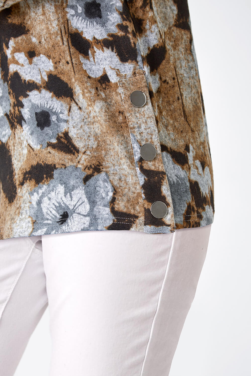 Neutral Floral Print Button Detail Stretch Top, Image 5 of 5