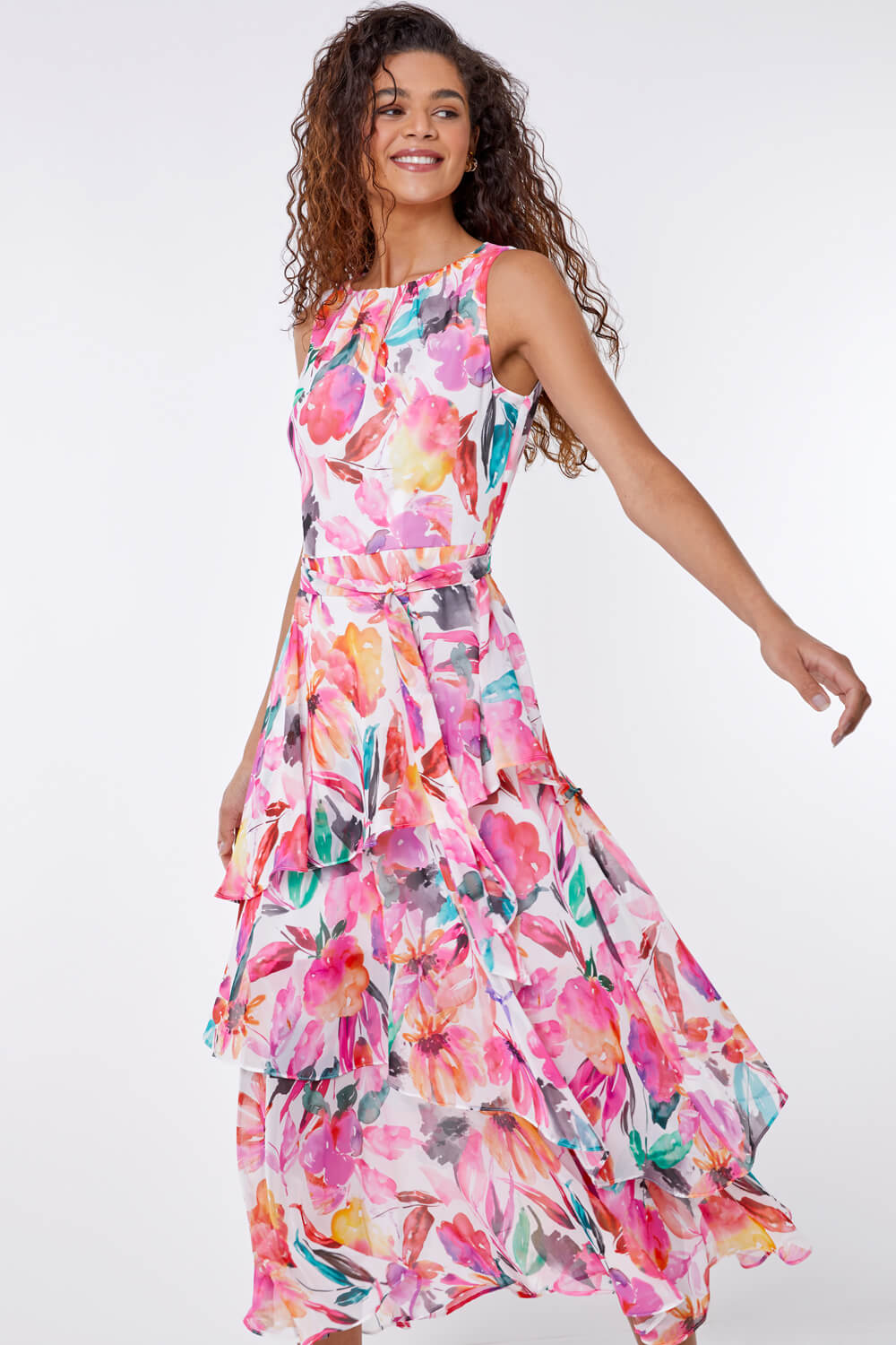 PINK Floral Print Frill Midi Dress, Image 3 of 5