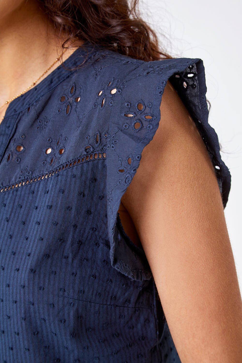 Navy  Embroidered Frill Sleeve Blouse, Image 5 of 5