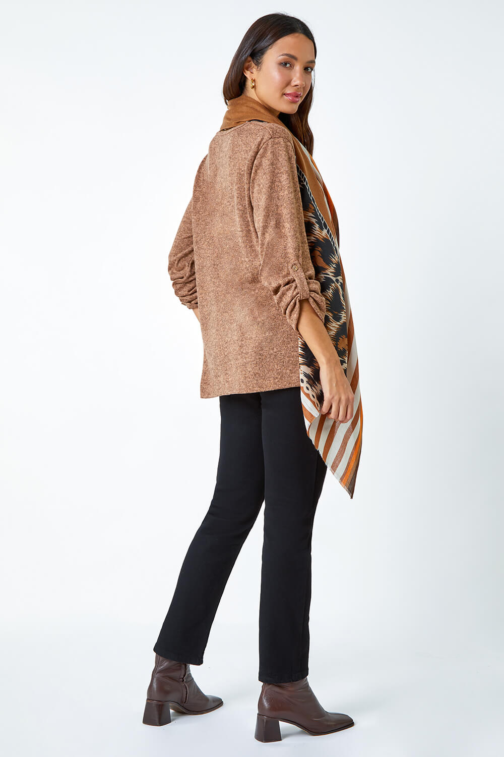 Camel  Stretch Top with Animal Print Scarf, Image 3 of 5