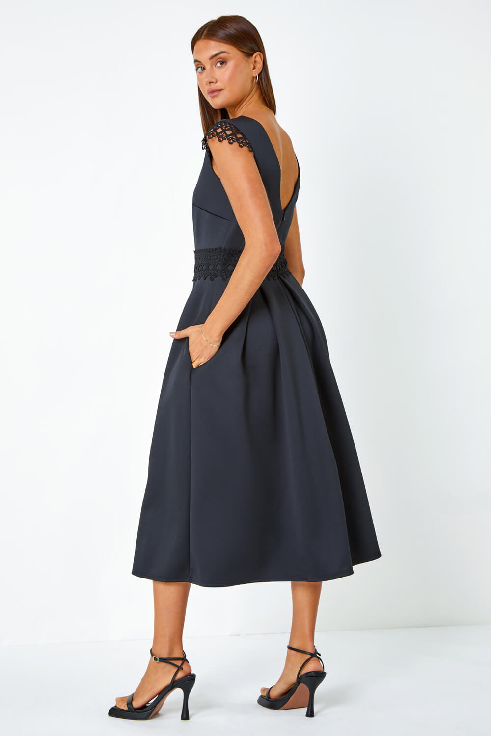Black Premium Stretch Lace Detail Midi Dress, Image 3 of 5