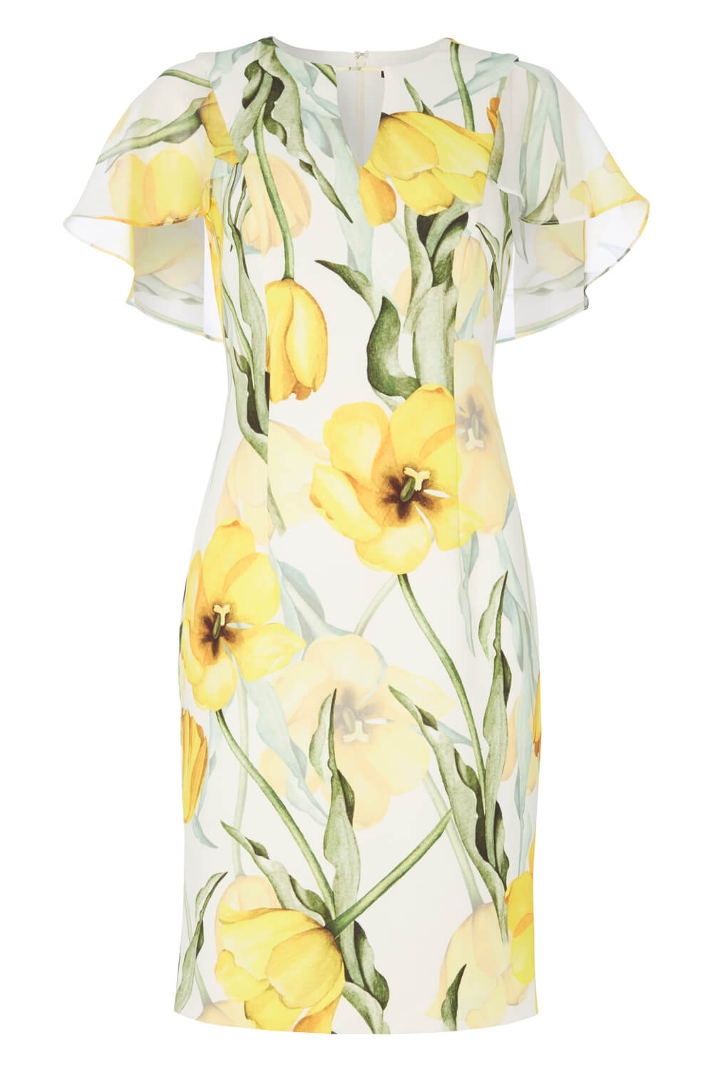 Yellow Floral Print Chiffon Scuba Dress, Image 4 of 4