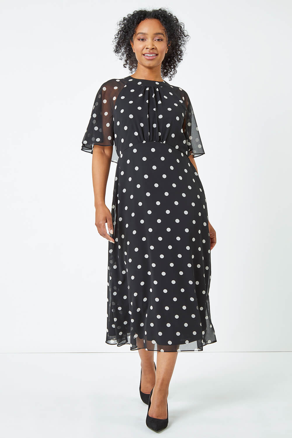 Black Petite Polka Dot Chiffon Midi Dress, Image 2 of 5