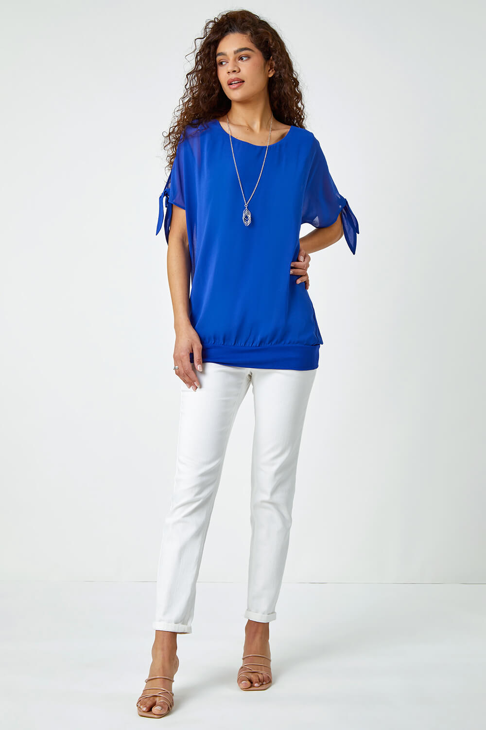 Royal Blue Chiffon Layered Tie Detail Top with Necklace, Image 4 of 5