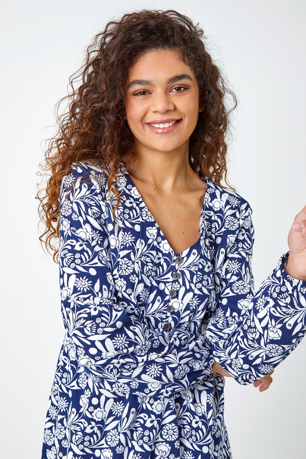 Navy  Floral Print Stretch Smock Top, Image 4 of 5