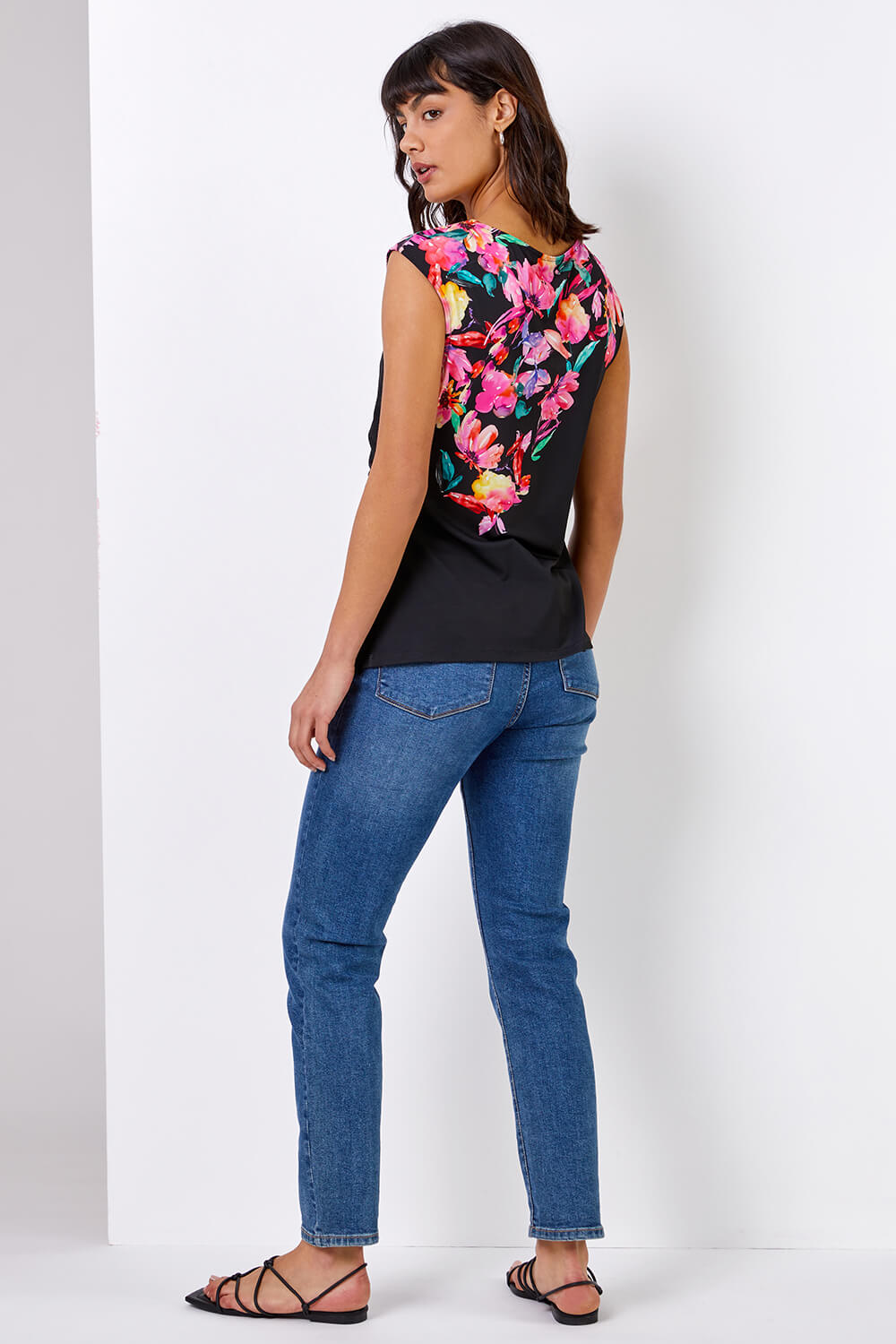 Black Floral Border Print Luxe Stretch Top, Image 3 of 4