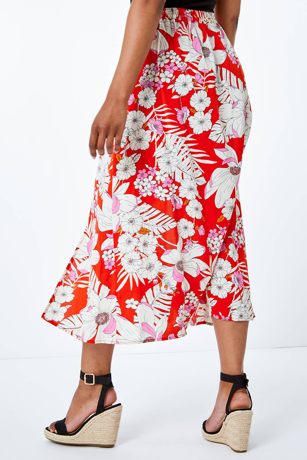 Petite Tropical Floral Midi Skirt in Red - Roman Originals UK