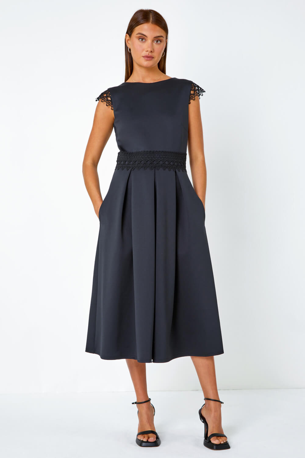 Black Premium Stretch Lace Detail Midi Dress, Image 2 of 5