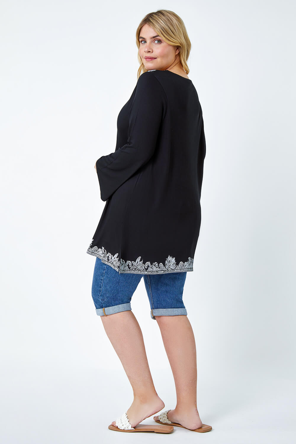 Black Curve Border Print Lace Up Top, Image 3 of 5