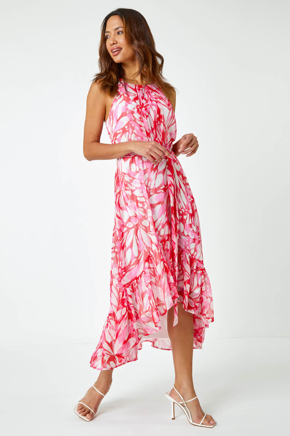 PINK Halter Neck Butterfly Print Dress, Image 3 of 5