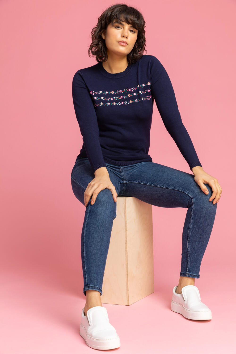 Navy  Ditsy Floral Embroidered Crew Neck Jumper, Image 5 of 5