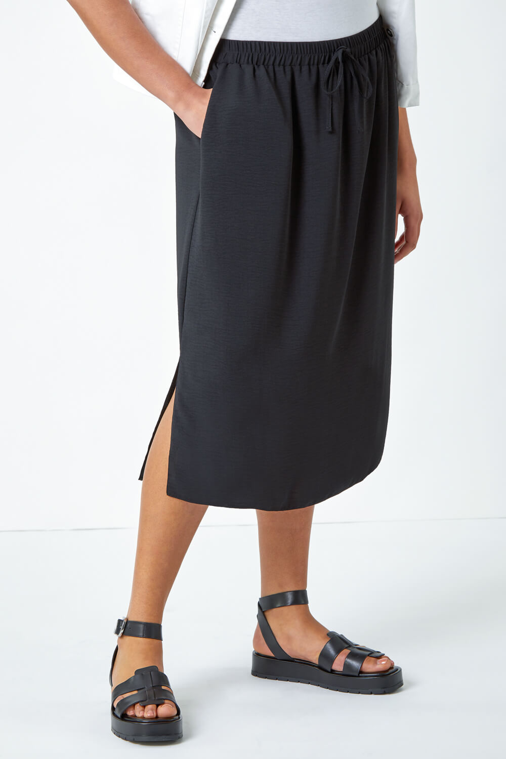 Black Curve Linen Look Midi Skirt, Image 4 of 5