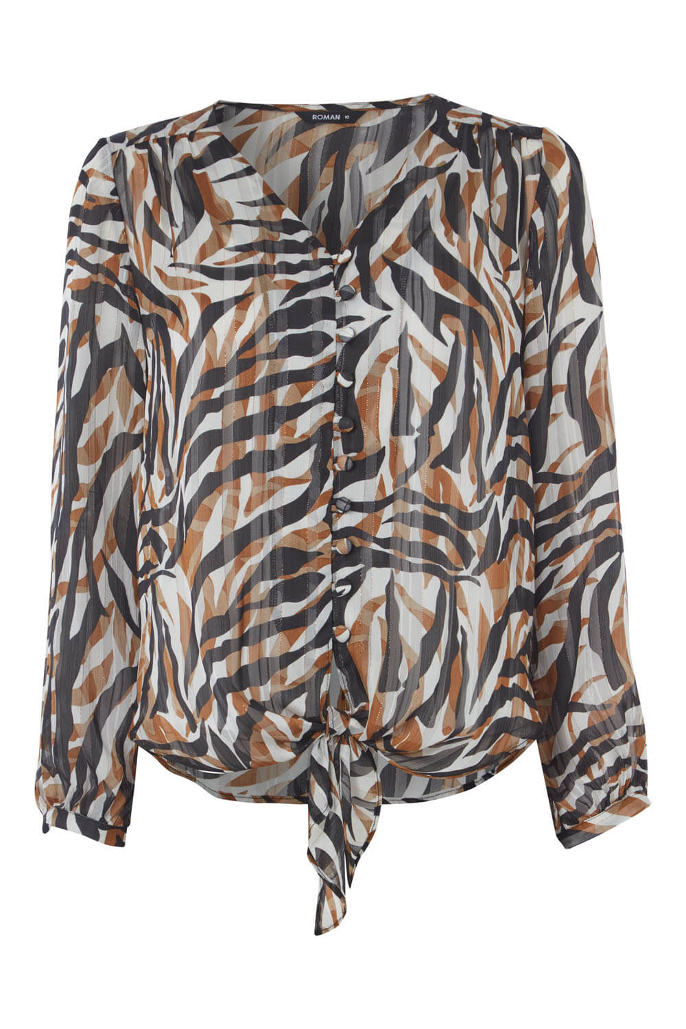 Brown Animal Print Tie Front Blouse, Image 4 of 4
