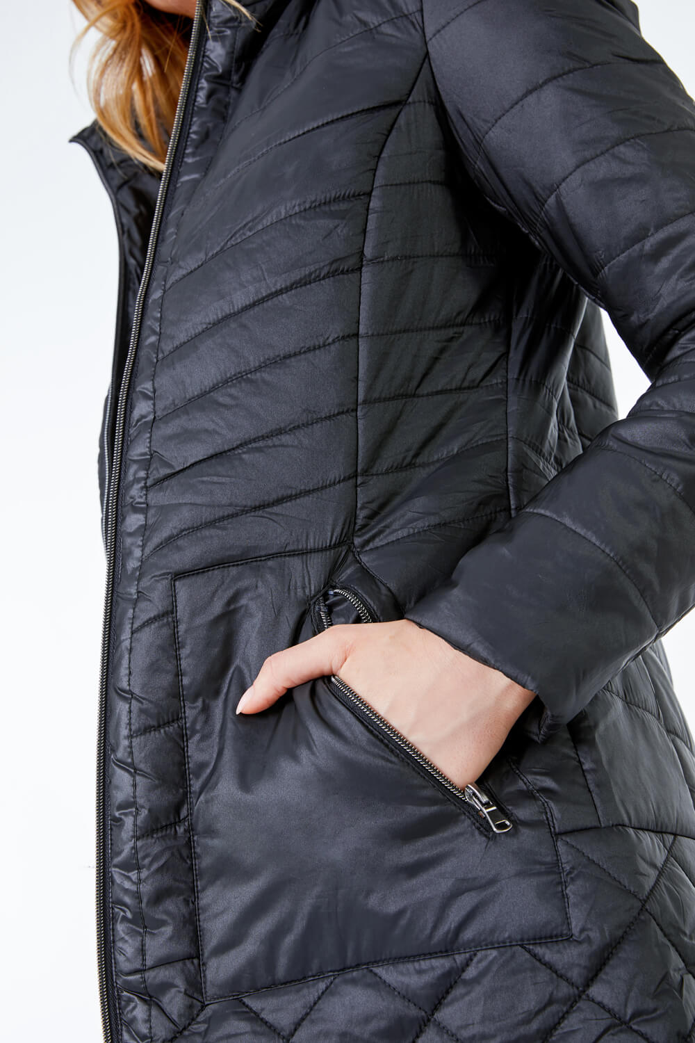 Black Longline Quilted Coat with Hood, Image 4 of 5