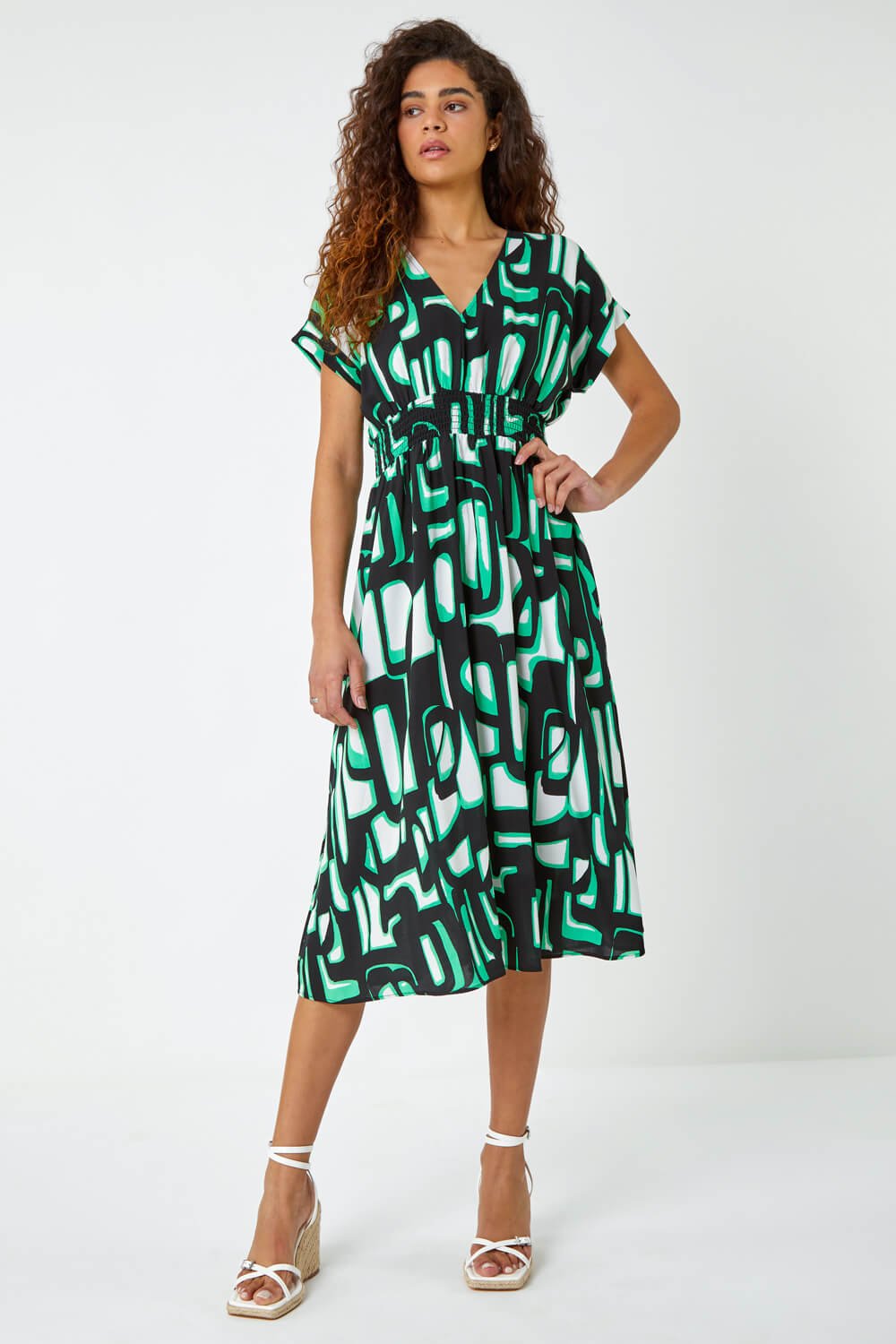 Green Abstract Geometric Print Midi Dress, Image 2 of 5
