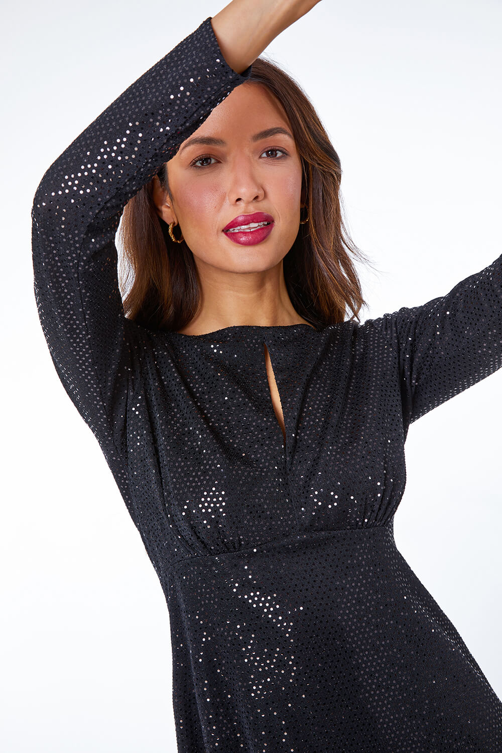 Black Sequin Keyhole Detail Ruched Midi Dress, Image 4 of 5