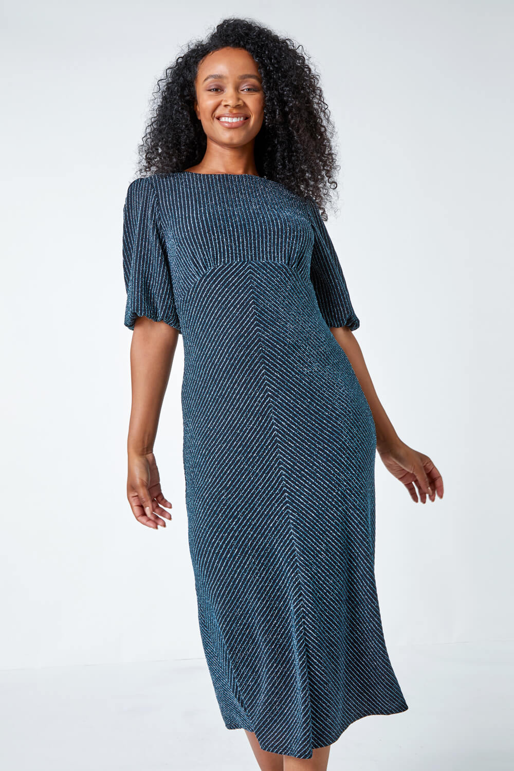Blue Petite Metallic Stripe Midi Stretch Dress, Image 2 of 5