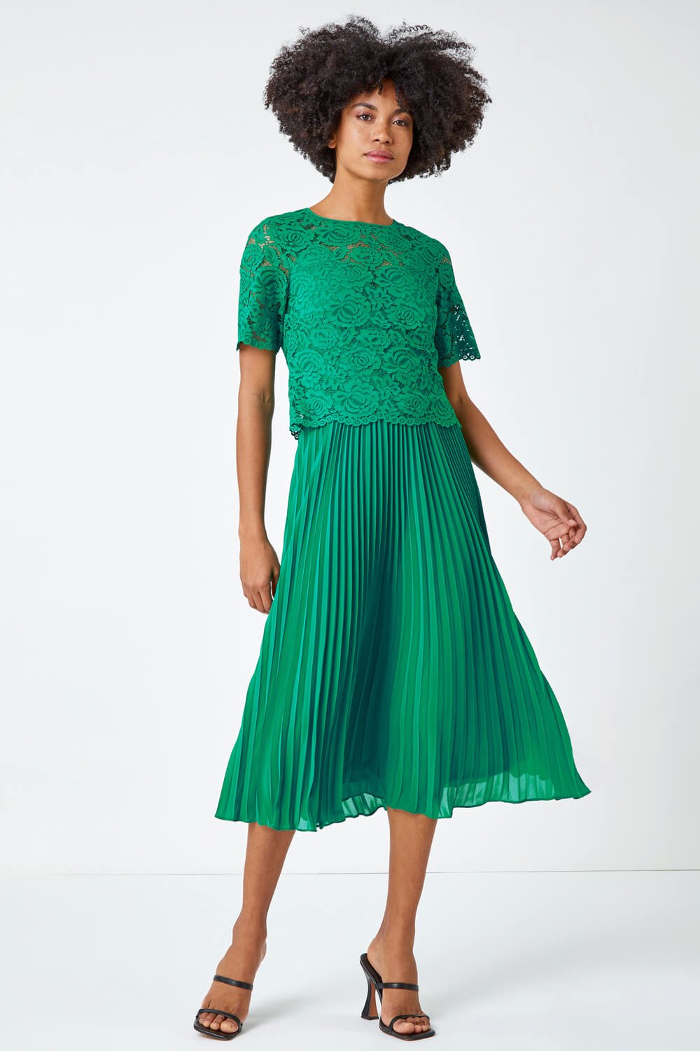 Emerald Lace Top Overlay Pleated Midi Dress, Image 2 of 5
