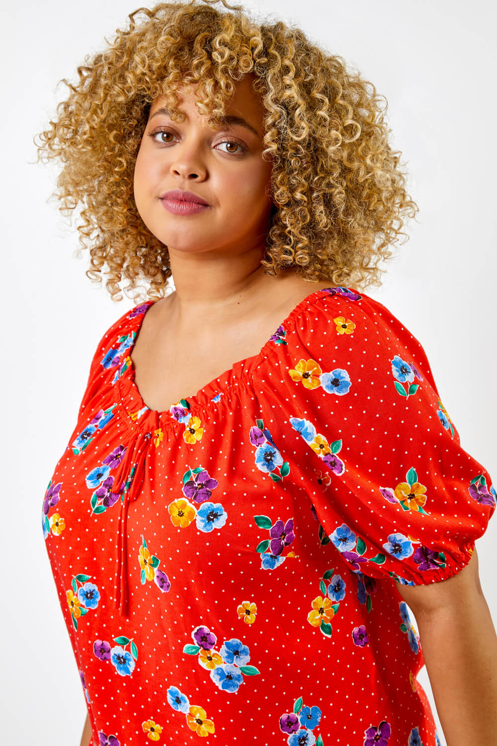 Red Curve Spot Floral Print Sweetheart Neck Top, Image 4 of 5