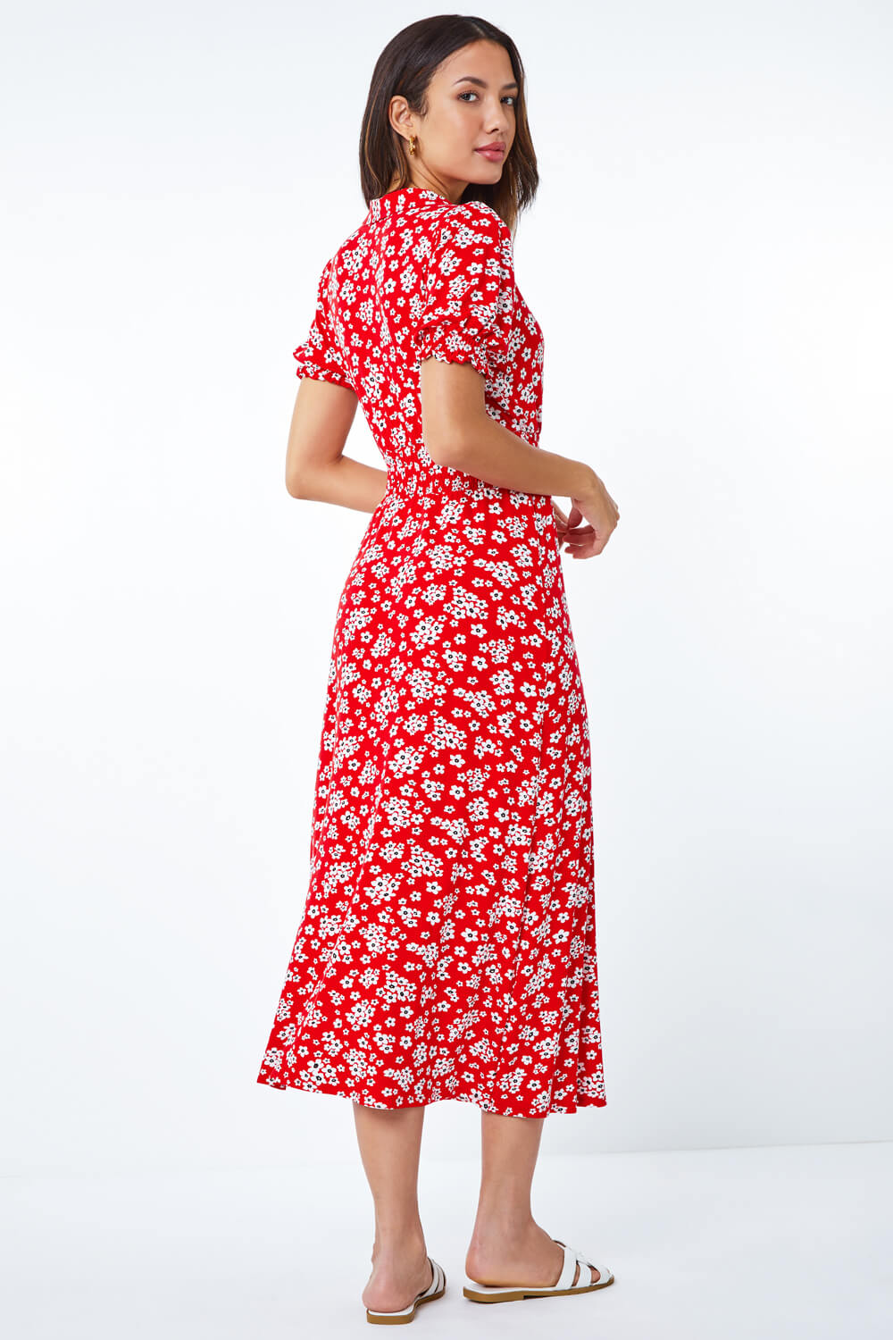 Red Ditsy Floral Print Fit & Flare Dress, Image 3 of 5