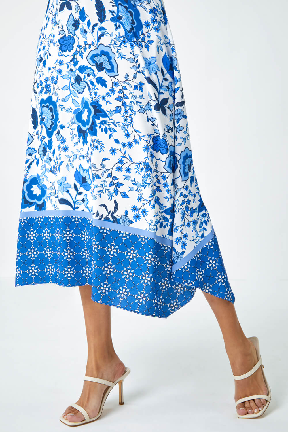 Blue Sleeveless Floral Border Print Midi Dress, Image 5 of 5