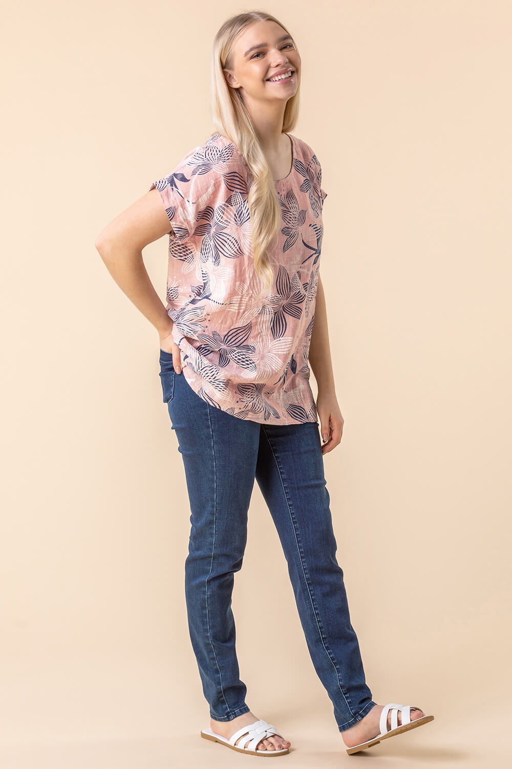 Light Pink Floral Print Cap Sleeve Top, Image 3 of 5
