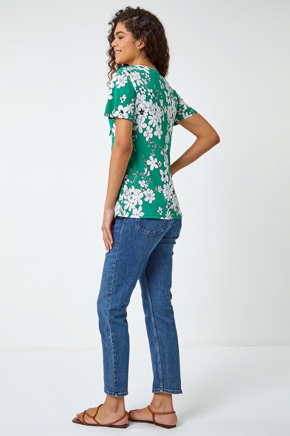Green Textured Floral Print Ruched Top, Image 3 of 5