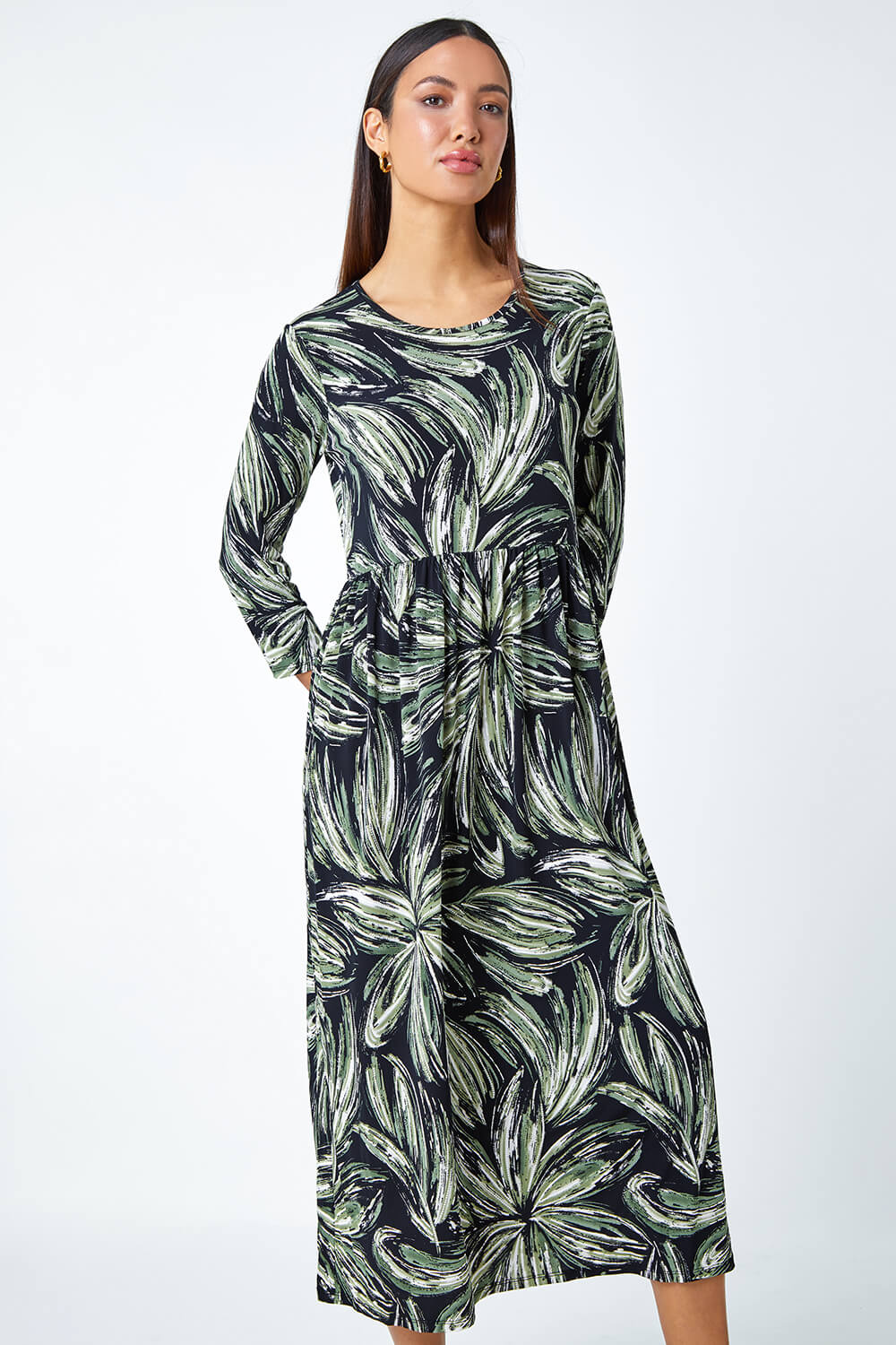 Khaki Textured Floral Print Midi Stretch Dress | Roman UK