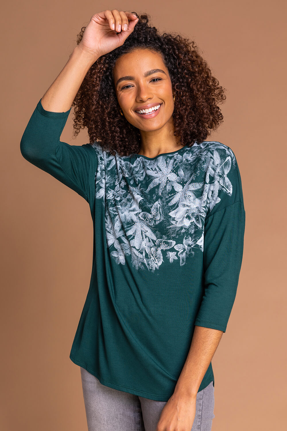 Emerald Floral Butterfly Print Top, Image 5 of 5