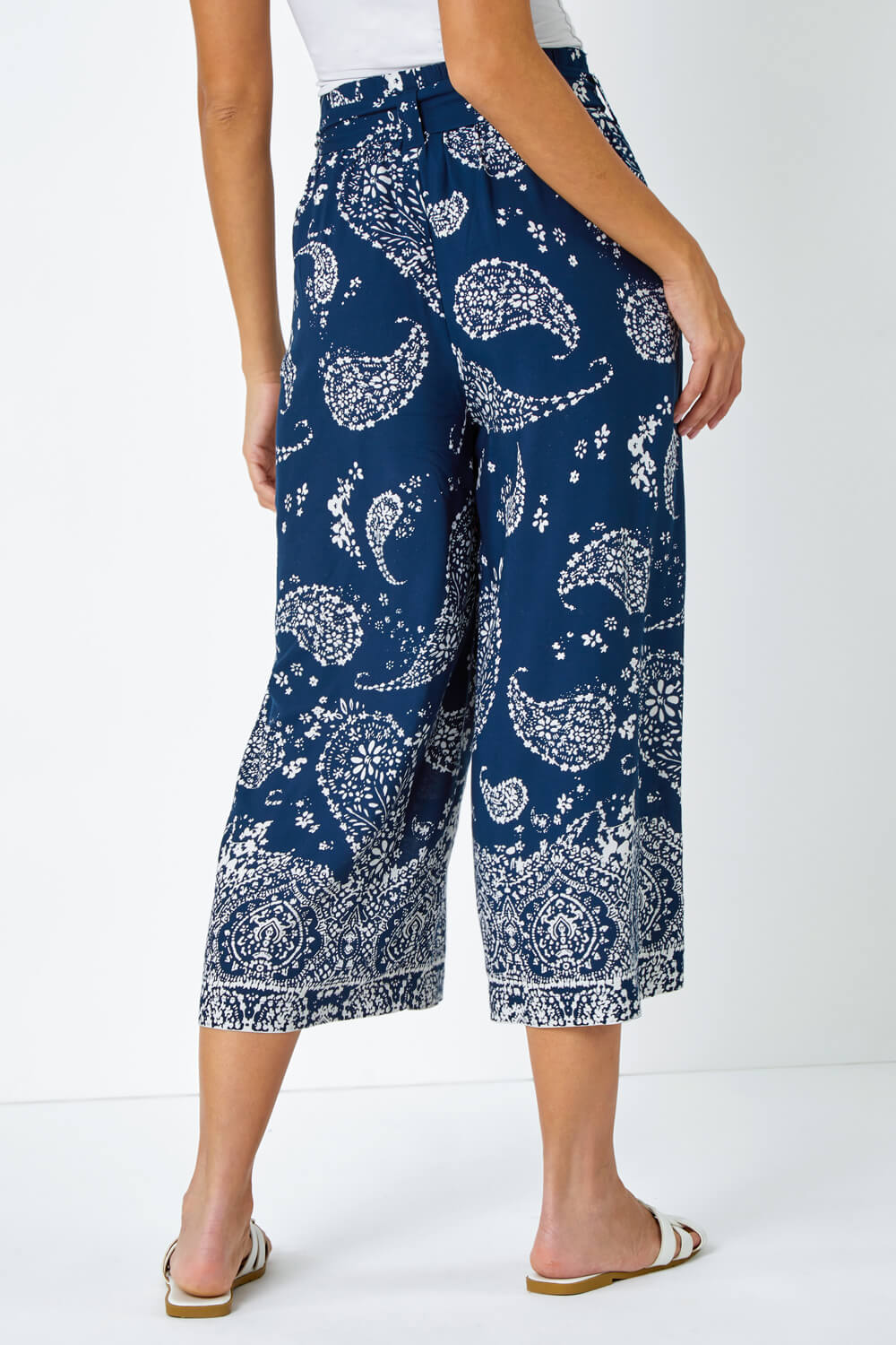 Navy  Paisley Print Wide Leg Cropped Trousers, Image 3 of 5
