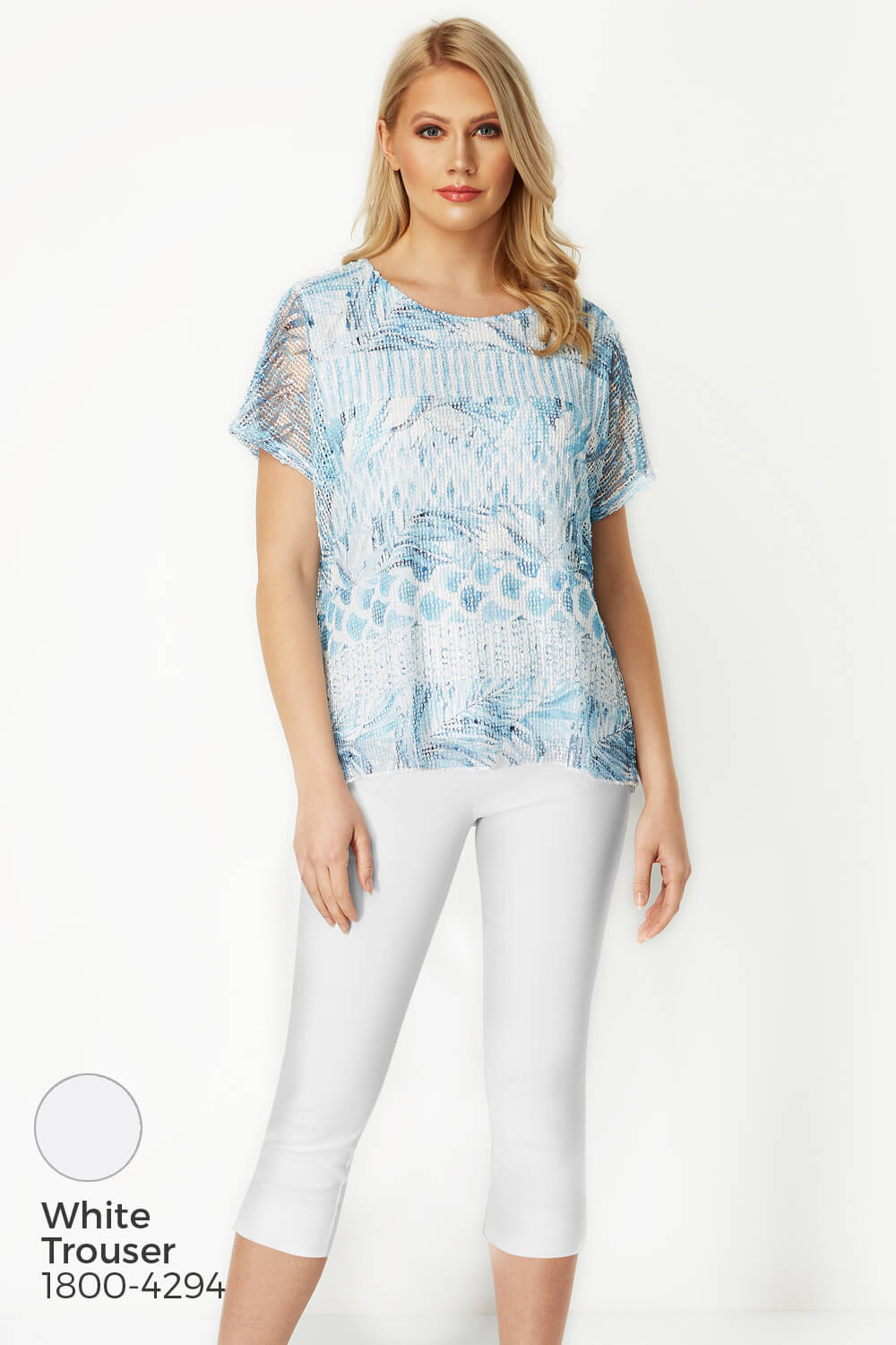 Blue Tropical Print Net Overlay Top, Image 5 of 8