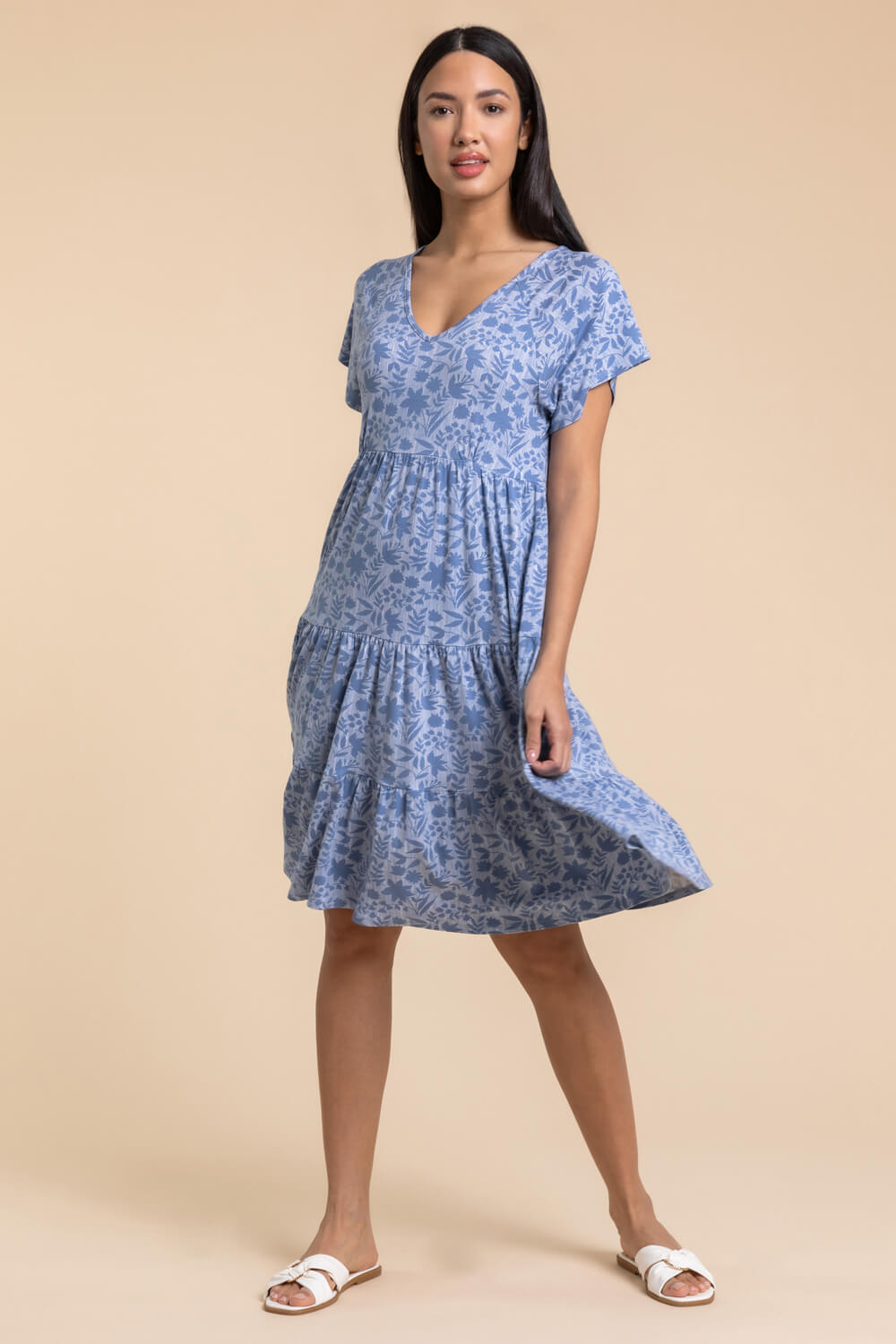 Blue Tiered Floral Print Stretch Dress, Image 3 of 4