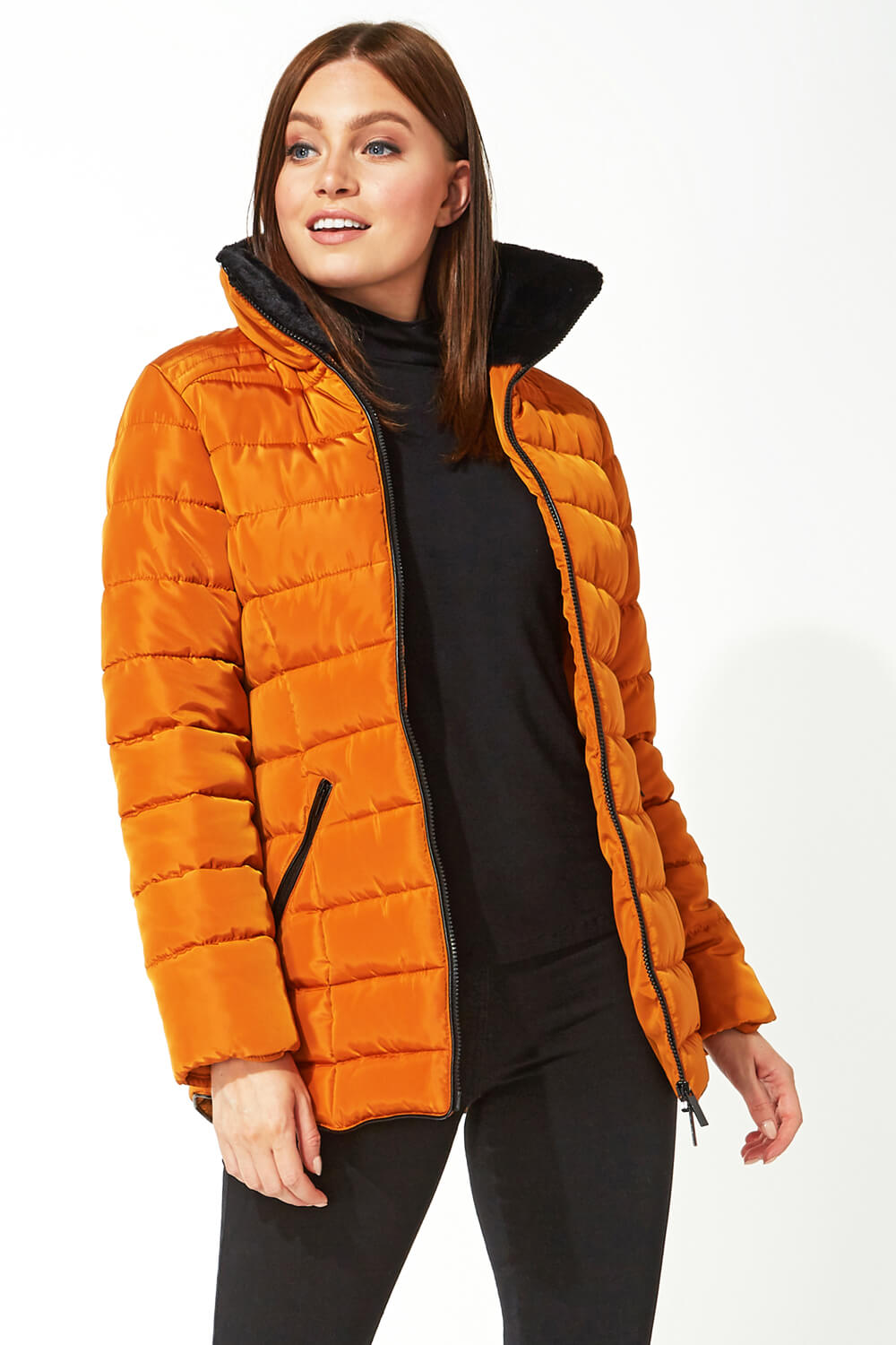 Short Zip Through Padded Coat in Amber - Roman Originals UK