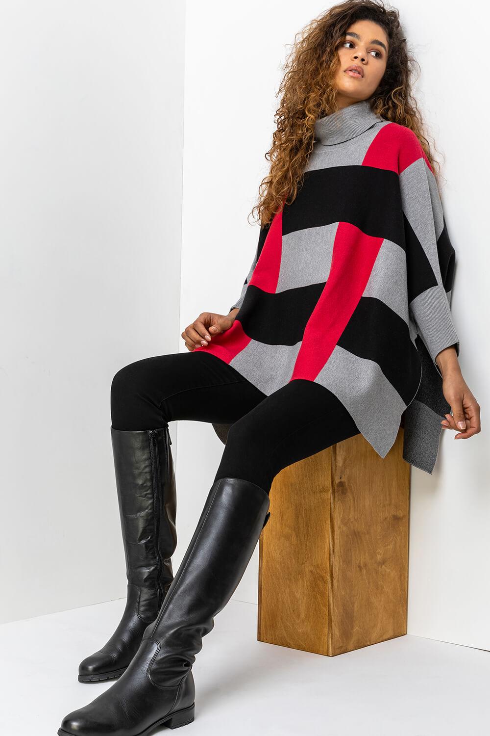 Red One Size Colourblock High Neck Poncho, Image 5 of 5